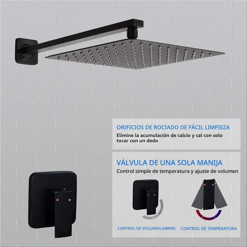 Vista 5 de Grifo de ducha negro mate de una sola función con válvula áspera, sistema de grifo de ducha de lluvia de baño, cabezal de ducha cuadrado de acero