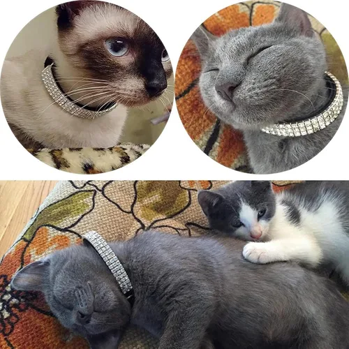 Vista 7 de Collar ajustable seguro para gatos CHUKCHI de terciopelo suave Adorno ostentoso de diamante con campanas de 11 pulgadas para perros pequeños y Negro
