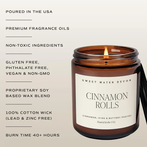 Vista 5 de Sweet Water Decor Vela en rollo de canela, aromas de otoño e invierno, tarro ámbar de 9 onzas Cinnamon, Icing & Buttery Pastry Scented Soy Wax