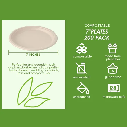 Vista 3 de Vplus Paquete de 200 platos de papel de 7 pulgadas, 100% compostables, desechables, resistentes y desechables, bagazo, natural, biodegradable