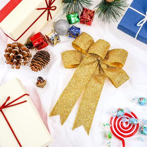 Vista 4 de WILLBOND 9 lazos dorados de Navidad con purpurina para decoración de fiestas de Navidad