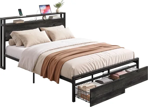 Vista 7 de LIKIMIO Base de cama Queen con cabecero, 2 cajones y estación de carga Gris carbón