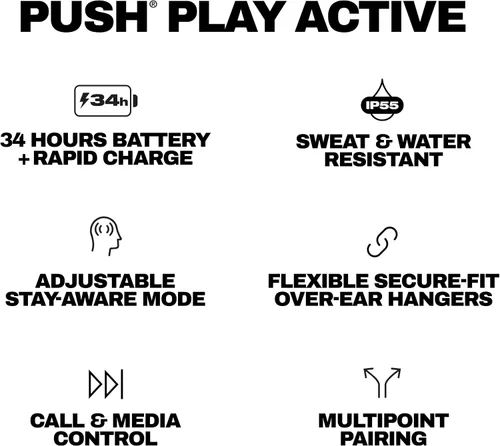 Vista 10 de Auriculares Skullcandy Push Play Active inalámbricos, auriculares Bluetooth, ajuste con aislamiento de ruido, 34 horas de batería, gancho
