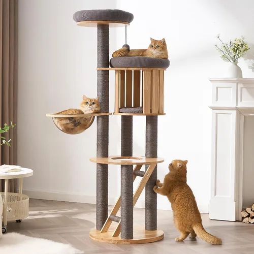 Vista 16 de Moderno árbol de madera maciza para gatos de interior de hasta 15 libras, torre para gatos de 49 pulgadas de alto con postes rascadores y rascador
