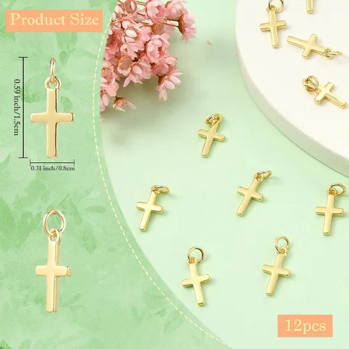 Vista 2 de Dijes de cruz para hacer joyas, chapado en oro real de 18 quilates, dijes de religión para pulseras, collares y aretes