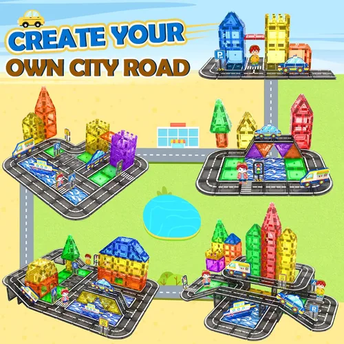 Vista 3 de Juego de 112 piezas de azulejos magnéticos para carretera con colores vibrantes y fuerza ultra magnética, bloques de construcción de carreteras