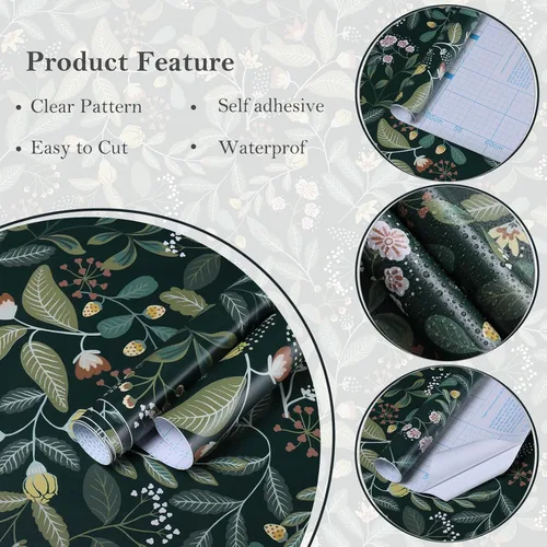 Vista 3 de Ismoon Papel tapiz verde para despegar y pegar, diseño bohemio floral y hojas en papel adhesivo grueso, papel adhesivo botánico oscuro, extraíble