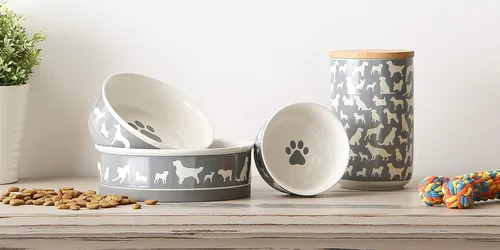 Vista 5 de Bone Dry Dog Show - Cuenco de cerámica para mascotas, pequeño, 4.25 x 2, gris y blanco, 2