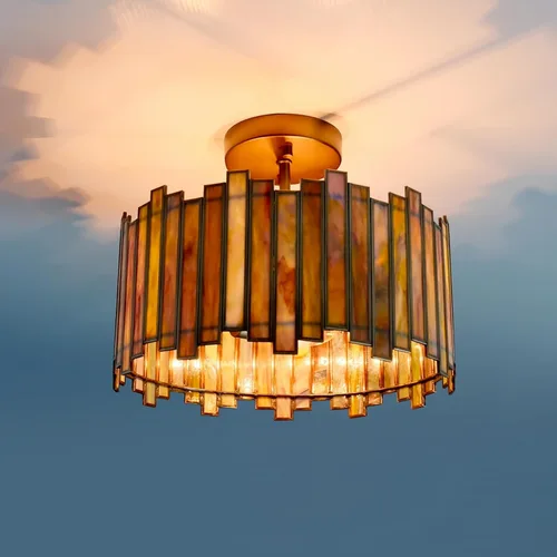 Vista 2 de Lámpara de techo de latón antiguo en forma de tambor, lámpara Tiffany semiempotrada de 12.5 pulgadas con vidrio verde Mable, iluminación colgante