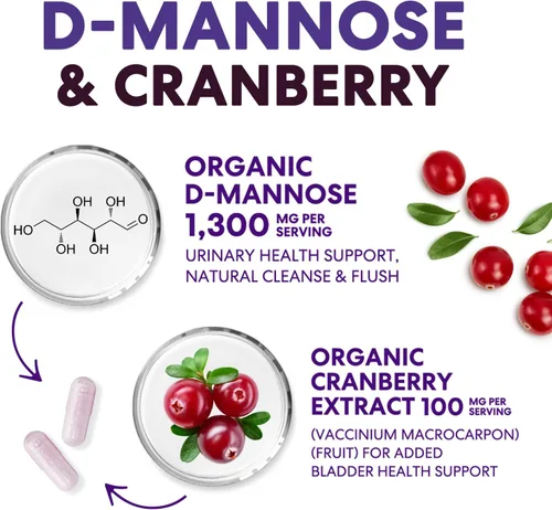 Vista 3 de Suplemento de D-manosa – 1,300 mg de manosa D orgánica por porción con extracto de arándano orgánico – Soporte urinario y vejiga natural de acción
