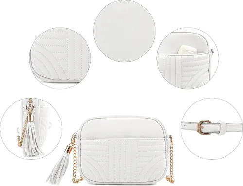 Vista 6 de EVVE Bolsos cruzados acolchados para mujer, elegante bolsa de cámara con borlas, bolso de hombro ligero de tamaño mediano