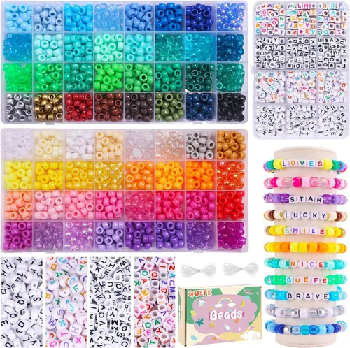 Vista 9 de QUEFE Juego de pulseras de cuentas de poni, 1900 unidades, 48 colores, kit de pulsera de amistad con cuentas Kandi de arco iris, cuentas de letras