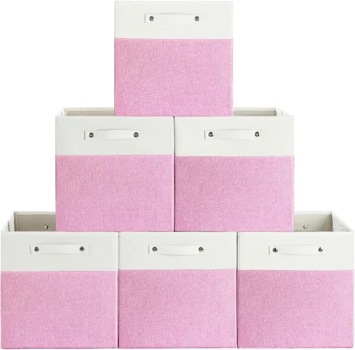 Vista 9 de FinishingBo Contenedores de almacenamiento de lino fino de 13 x 13 pulgadas con asas, cajas de cubo de tela, organizadores de cestas para estantes