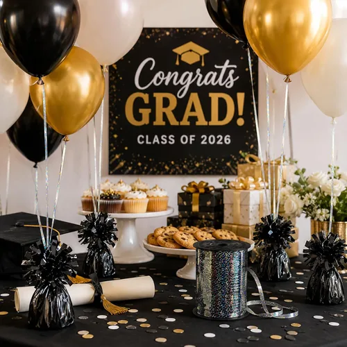 Vista 6 de Yunsailing 25 globos metálicos pesados con cinta iridiscente de 500 yardas, anclajes de soporte de globos de 5.3 onzas para globos de helio, Negro
