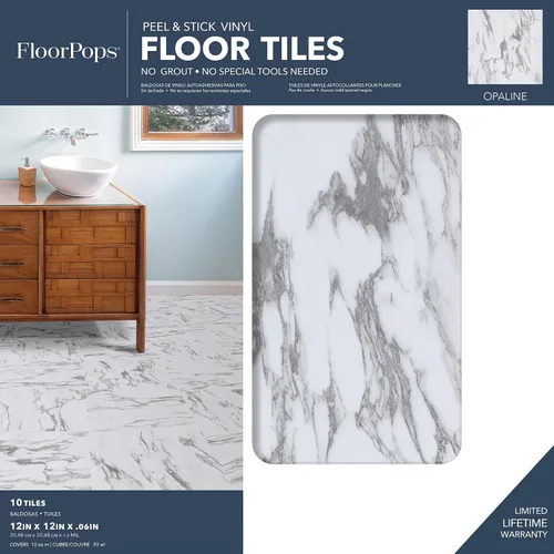 Vista 2 de FloorPops FP3329 Azulejos de Suelo Opaline Peel Stick, Blanco y Blanco Roto