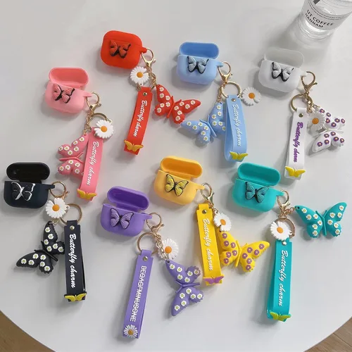 Vista 7 de Funda compatible con Airpods de 3ª generación 2021, bonita funda de silicona líquida de dibujos animados de mariposa 3D para niños y adolescentes