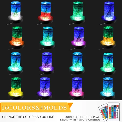 Vista 3 de Riakrum Base de luz LED de madera, 4 piezas, soporte de base de pantalla de cristal, control remoto, redondo, 16 modos de iluminación, soporte Negro