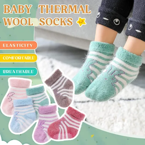 Vista 6 de 6 pares de calcetines antideslizantes para bebés, niños y niñas, calcetines cálidos de lana gruesa y suave con empuñaduras