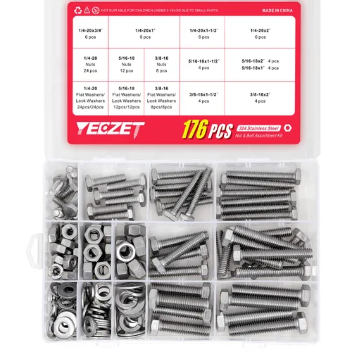 Vista 3 de Kit surtido de tornillos y tuercas de alta resistencia de 176 piezas, acero inoxidable 304, incluye 9 tamaños más comunes (1/4-20, 5/16-18, 3/8-16)