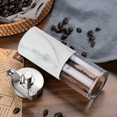 Vista 6 de Molinillo de café manual portátil y visible, molinillo de café de mano con perilla ajustable de cerámica, molinillo de café de acero inoxidable