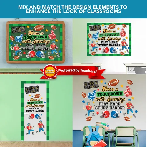 Vista 6 de Decorably Juego de 80 piezas de decoración de tablero de anuncios de fútbol deportivo inspirador con bordes, cartulina laminada brillante para aula