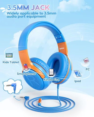 Vista 6 de awatrue AT2 - Auriculares para niños con micrófono, límite de volumen BlueOrange - Paquete de 1