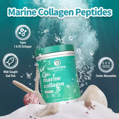 Vista 6 de Zammex Péptidos de colágeno marino en polvo sin sabor, colágeno de pescado capturado en la naturaleza, apoya la piel saludable, cabello