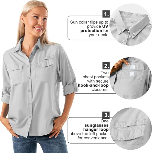 Vista 2 de Camisas de manga larga para mujer secado rápido protección UV convertibles para senderismo campamento pesca navegación