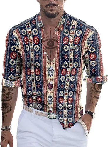 Vista 20 de domirica Camisa de manga larga con botones para hombre, étnica 2025, para verano, hawaiana, playa, casual, vintage, novedosa, ligera
