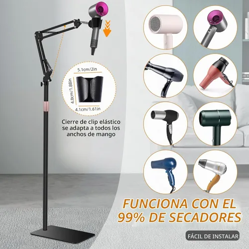 Vista 5 de Soporte para Secador de Pelo, Altura Ajustable de 1.68M, Soporte para Secador de Manos Libres con Base Pesada, Rotación de 360 Grados, Funciona