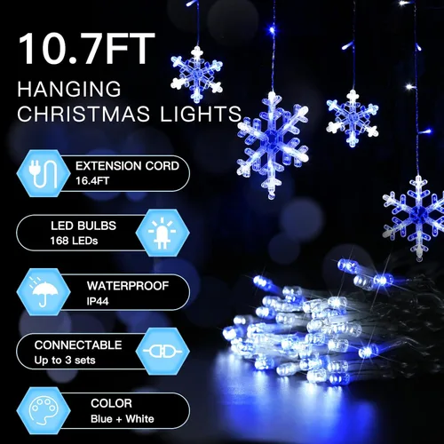 Vista 2 de suddus Luces de Carámbano de Copo de Nieve para Exteriores, 10.7 pies, 168 Luces LED de Cadena Navideñas Conectables Enchufables con 14 Tiras Azul