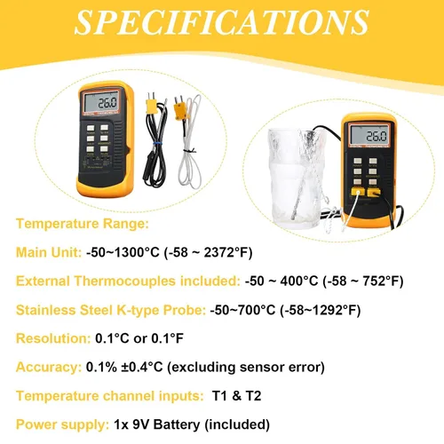 Vista 4 de Termómetro digital de termopar de 2 piezas tipo K HVAC de doble canal con 8 termopares de medición de temperatura máxima/min, -50 ~ 2,372.0 °F