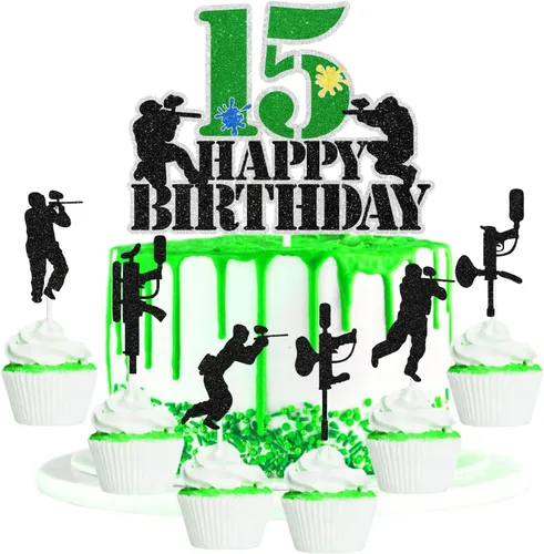 Vista 11 de Juego de 7 piezas de decoración para cupcakes de paintball para adolescentes de 9.º cumpleaños. Es la fiesta de cumpleaños perfecta con temática