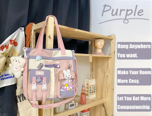 Vista 5 de Bolso de mano Kawaii con bonito dije de conejo y oso de felpa para niñas, mochila escolar para laptop, bandolera para estudiantes