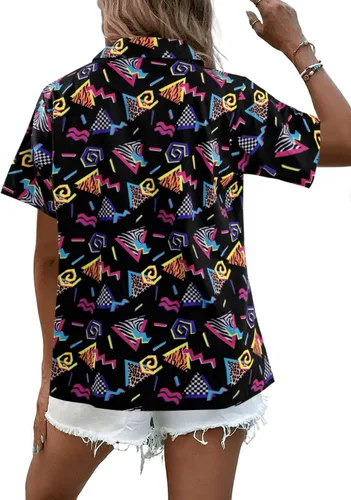 Vista 5 de Trajes de los años 80 y 90 para mujer, camisa de discoteca retro para fiesta temática de los años 80, camisa hawaiana de neón con botones y manga
