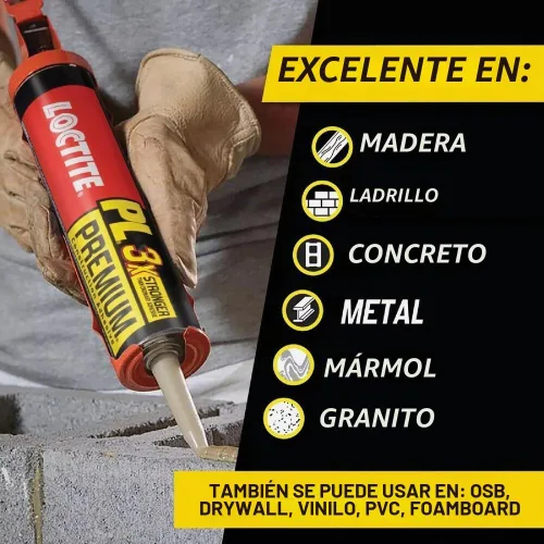 Vista 5 de Loctite PL Premium Adhesivo de Construcción de Poliuretano, Pegamento de Construcción Versátil para Madera, Concreto, Metal y Más - Cartucho de 28