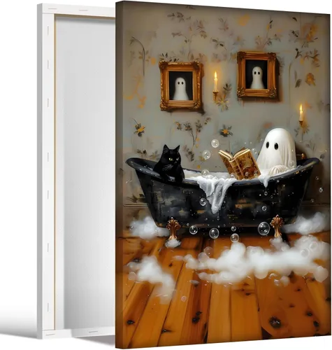 Vista 29 de Arte de pared vintage de Halloween embrujado de granja, parche de calabaza rústica con bonitos fantasmas, póster impreso en lienzo espeluznante