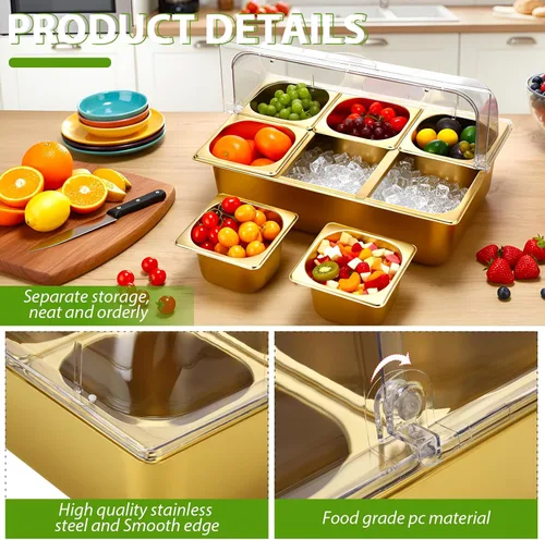 Vista 3 de Ziliny - Contenedor de 6 bandejas para servir alimentos para encimera, transparente, color dorado Stainless Steel Ice Food Serving Tray, Buffet