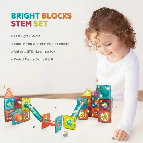 Vista 3 de Contixo Juguetes de construcción STEM – Juego de 65 piezas de azulejos magnéticos de mármol 3D para aprendizaje, apilables, juego de bloques