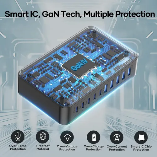 Vista 8 de Bloque de Cargador USB C de 10 Puertos, Estación de Carga USB de 450W para Múltiples Dispositivos, 5 Tipo C + 5 USB A Concentrador de Carga GaN PD