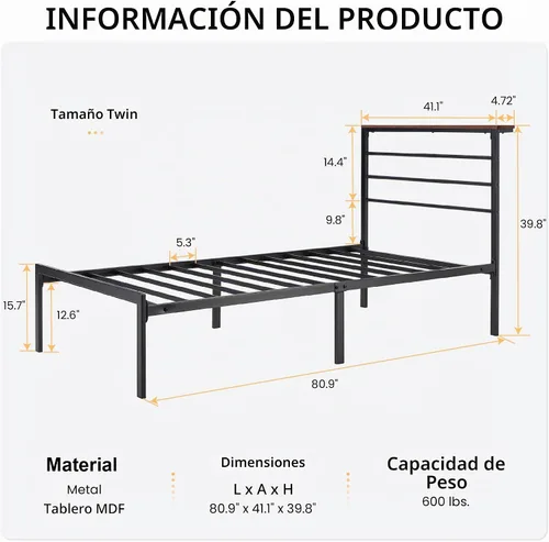 Vista 2 de SHA CERLIN Marco de cama tamaño twin con estante de cabecera y base de metal resistente, no necesita somier, marrón