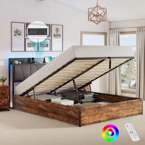 Vista 10 de LUXOAK Marco de cama de almacenamiento elevable tamaño King con luces LED, cabecera tapizada de lino con estación de carga, marco de cama de Negro