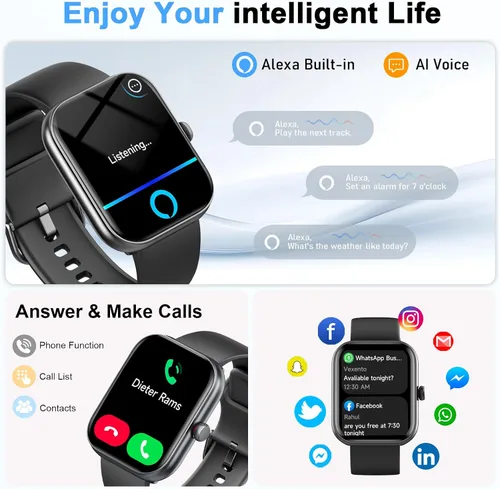 Vista 2 de Smart Watch for Women Men, Alexa Built-in, Smartwatch for iPhone & Android Bluetooth Call, 1.91" HD Fitness Tracker with Heart Rate/SpO2/Sleep Black