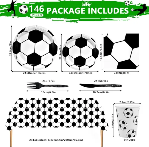 Vista 2 de Juego de vajilla de 146 piezas para fiesta de fútbol, platos y servilletas de fútbol, suministros para fiesta, decoración de fiesta de cumpleaños