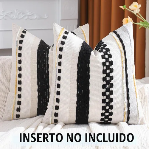 Vista 2 de Juego de 2 fundas de almohada bohemias de 18 x 18 pulgadas, color negro y crema Rayas negras