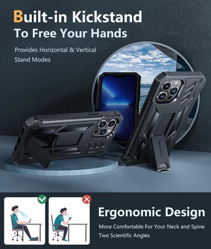 Vista 5 de FNTCASE Funda para iPhone 13 Pro Max: [Protector de pantalla y soporte integrados] [Protección contra caídas de grado militar] Funda de teléfono