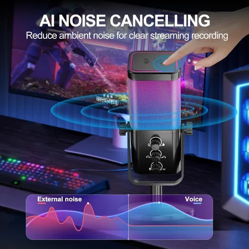 Vista 4 de Micrófono USB para juegos con equilibrio de chat de juego, micrófono de condensador RGB con cancelación de ruido, silencio rápido y monitoreo