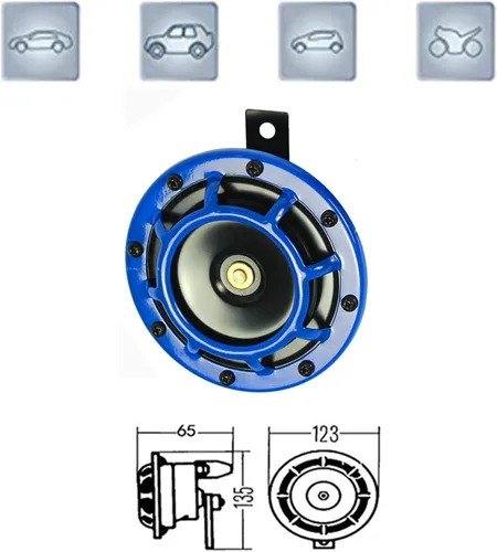 Vista 4 de Bocina eléctrica para coche, bocina de aire azul, 12 V, tono alto y bajo, kit de bocina gemela de metal de 135 dB, bocina de auto, bocina de camión