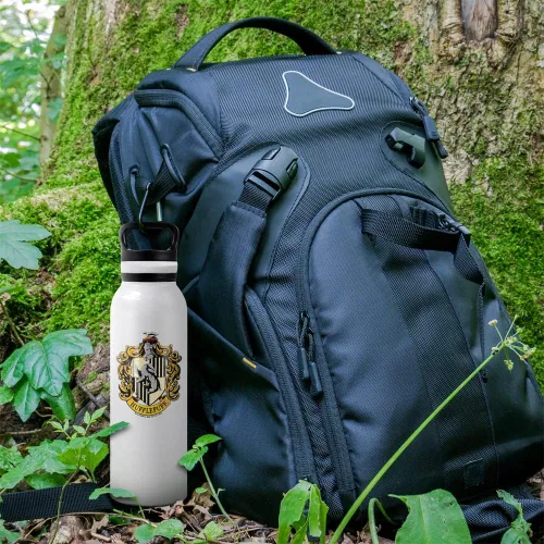 Vista 4 de Harry Potter OFICIAL Hufflepuff Crest - Botella de agua aislada de 24 onzas, resistente a fugas, acero inoxidable aislado al vacío con tapa