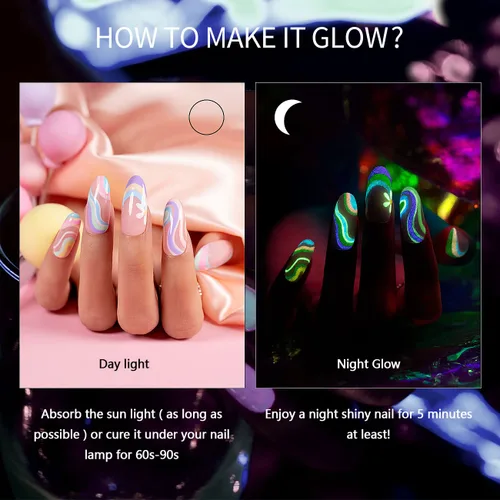 Vista 2 de RARJSM Revestimiento de gel para arte de uñas que brilla en la oscuridad, 12 colores pastel suaves, verde neón, azul, morado, rosa, pintura